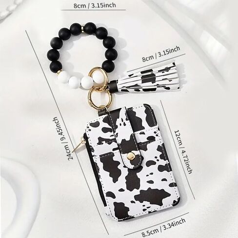 1Pcs Vibrant Leopard Black White Cow Print Silicone Beaded Wristlet Adjustable Keychain with Wallet Card Holder for Women Stylish Accessory in Saudi Arabia
