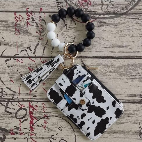1Pcs Vibrant Leopard Black White Cow Print Silicone Beaded Wristlet Adjustable Keychain with Wallet Card Holder for Women Stylish Accessory in Saudi Arabia