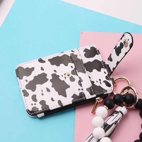 1Pcs Vibrant Leopard Black White Cow Print Silicone Beaded Wristlet Adjustable Keychain with Wallet Card Holder for Women Stylish Accessory in Saudi Arabia
