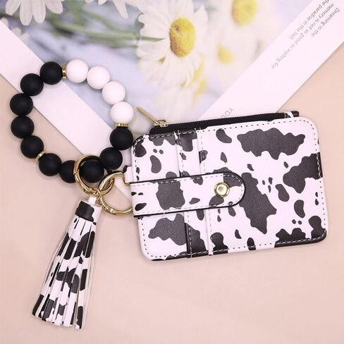 1Pcs Vibrant Leopard Black White Cow Print Silicone Beaded Wristlet Adjustable Keychain with Wallet Card Holder for Women Stylish Accessory in Saudi Arabia