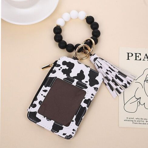 1Pcs Vibrant Leopard Black White Cow Print Silicone Beaded Wristlet Adjustable Keychain with Wallet Card Holder for Women Stylish Accessory in Saudi Arabia