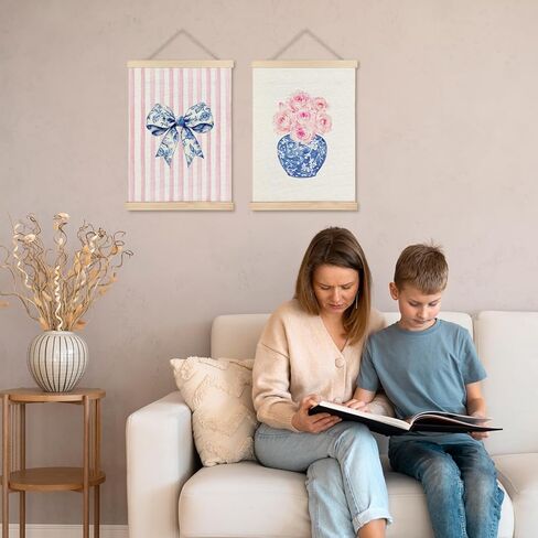 JINYO Chinoiserie Bow Floral Wall Art Poster مجموعة من 2، ديكور المنزل Grandmillennial، Coquette Preppy Bow الأزرق والأبيض الخزف زهرة ملصق يطبع ديكور الحائط، 12 × 16 بوصة in Kuwait
