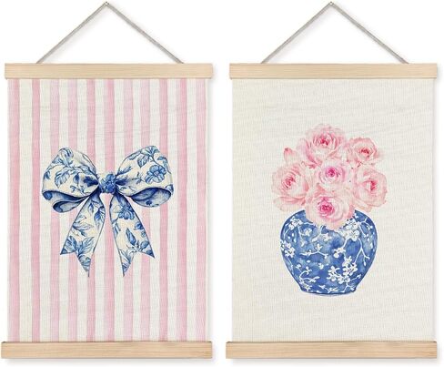 JINYO Chinoiserie Bow Floral Wall Art Poster مجموعة من 2، ديكور المنزل Grandmillennial، Coquette Preppy Bow الأزرق والأبيض الخزف زهرة ملصق يطبع ديكور الحائط، 12 × 16 بوصة in Kuwait