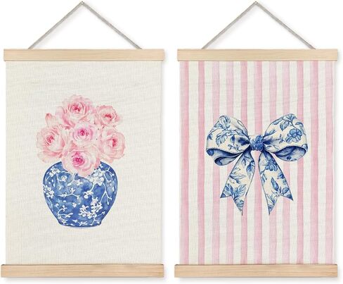 JINYO Chinoiserie Bow Floral Wall Art Poster مجموعة من 2، ديكور المنزل Grandmillennial، Coquette Preppy Bow الأزرق والأبيض الخزف زهرة ملصق يطبع ديكور الحائط، 12 × 16 بوصة in Kuwait