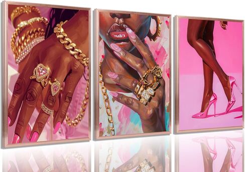 3Pcs Pink Fashion Black Girl Canvas Wall Art African American Black Woman Wall Decor Pictures Gorgeous Black Girl Posters Prints for Living Room Bedroom Artwork Home Decoration Unframed in Saudi Arabia