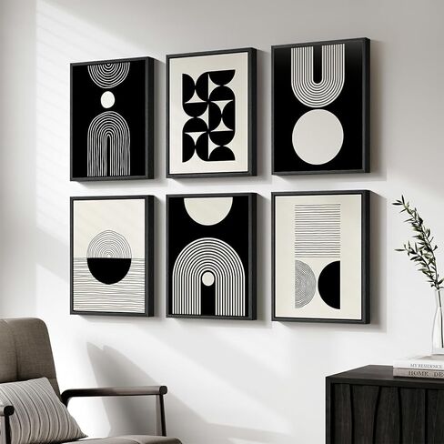 Wood Framed Modern Abstract Canvas Wall Art Sets of 6, Black and White Minimalist Prints, Bohemian Geometric Decor Painting for Living Room, Bedroom, Hallway and Office 11x14 Inch in Saudi Arabia