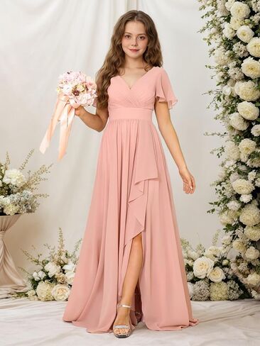 Junior Bridesmaid Dress Chiffon Flower Girls Dresses V-Neck High Low A Line Girls Wedding Formal Dress in Saudi Arabia
