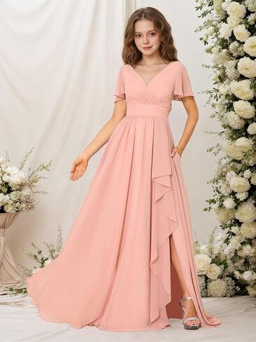 Junior Bridesmaid Dress Chiffon Flower Girls Dresses V-Neck High Low A Line Girls Wedding Formal Dress in Saudi Arabia