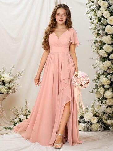 Junior Bridesmaid Dress Chiffon Flower Girls Dresses V-Neck High Low A Line Girls Wedding Formal Dress in Saudi Arabia