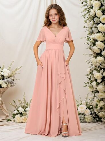 Junior Bridesmaid Dress Chiffon Flower Girls Dresses V-Neck High Low A Line Girls Wedding Formal Dress in Saudi Arabia