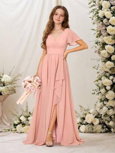 Junior Bridesmaid Dress Chiffon Flower Girls Dresses V-Neck High Low A Line Girls Wedding Formal Dress in Saudi Arabia