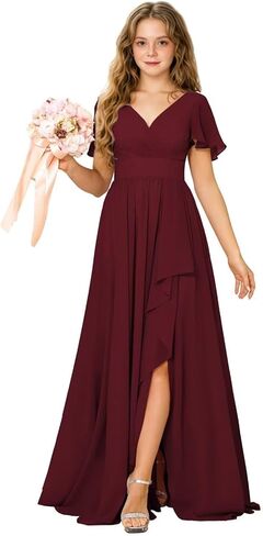 Junior Bridesmaid Dress Chiffon Flower Girls Dresses V-Neck High Low A Line Girls Wedding Formal Dress in Kuwait