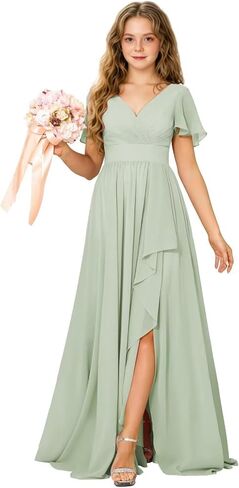 Junior Bridesmaid Dress Chiffon Flower Girls Dresses V-Neck High Low A Line Girls Wedding Formal Dress in Saudi Arabia