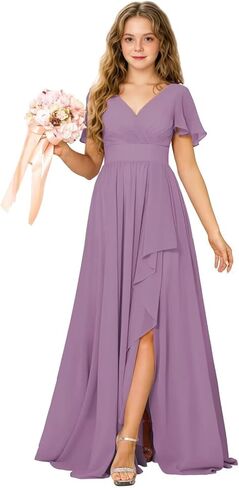 Junior Bridesmaid Dress Chiffon Flower Girls Dresses V-Neck High Low A Line Girls Wedding Formal Dress in Saudi Arabia
