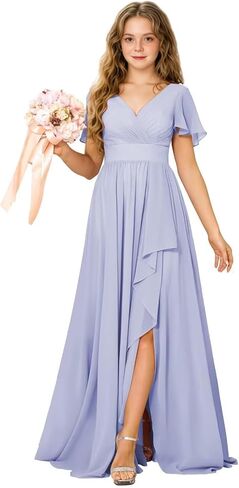 Junior Bridesmaid Dress Chiffon Flower Girls Dresses V-Neck High Low A Line Girls Wedding Formal Dress in Saudi Arabia