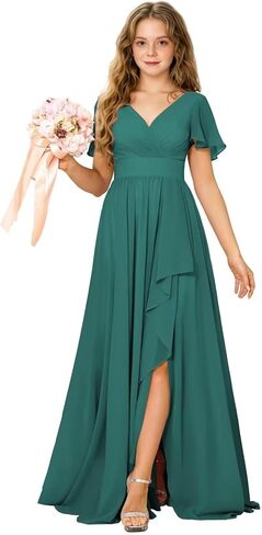 Junior Bridesmaid Dress Chiffon Flower Girls Dresses V-Neck High Low A Line Girls Wedding Formal Dress in Saudi Arabia
