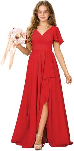Junior Bridesmaid Dress Chiffon Flower Girls Dresses V-Neck High Low A Line Girls Wedding Formal Dress in Saudi Arabia