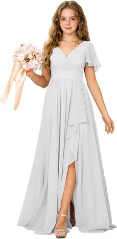 Junior Bridesmaid Dress Chiffon Flower Girls Dresses V-Neck High Low A Line Girls Wedding Formal Dress in Saudi Arabia