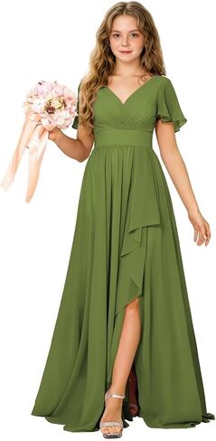 Junior Bridesmaid Dress Chiffon Flower Girls Dresses V-Neck High Low A Line Girls Wedding Formal Dress in Saudi Arabia