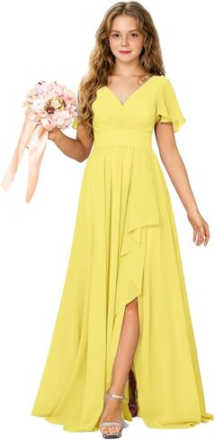 Junior Bridesmaid Dress Chiffon Flower Girls Dresses V-Neck High Low A Line Girls Wedding Formal Dress in Saudi Arabia