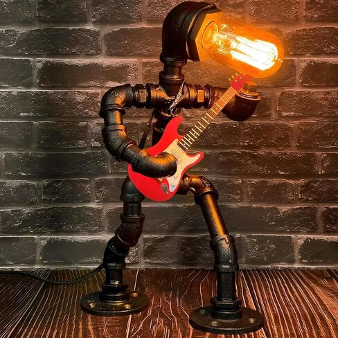 Music Electric Guitar Table Lamp - Art Decor Guitar Stuff Cool Gifts for Music Art Lovers - Steampunk Pipe Man Edison Bulb Lamps Retro Guitars Metal Pipe Industrial Robot Lights in Saudi Arabia