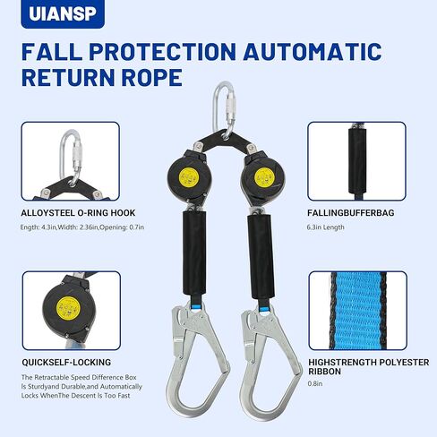 6 أقدام مزدوجة [بدون تشابك] شريان الحياة القابل للسحب ذاتيًا ANSI فئة A SRL خطافات حديد التسليح ممتص للصدمات بناء السقف حماية شخصية من السقوط in Kuwait