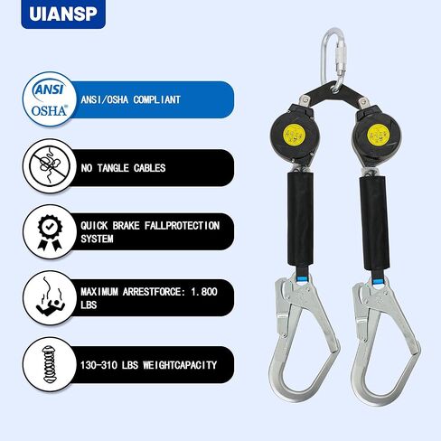 6 أقدام مزدوجة [بدون تشابك] شريان الحياة القابل للسحب ذاتيًا ANSI فئة A SRL خطافات حديد التسليح ممتص للصدمات بناء السقف حماية شخصية من السقوط in Kuwait