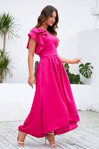 Ruffle Sleeve Dress Asymmetrical Neckline Women's Dress Cocktail Evening Party Dress in Saudi Arabia