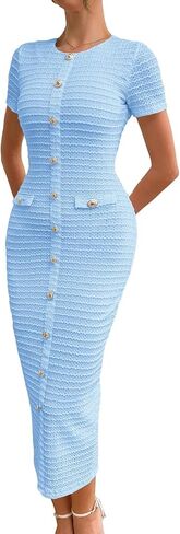 Wellwits Women's Button up Pocket Textured Bodycon Midi Cocktail Work Dress in Saudi Arabia