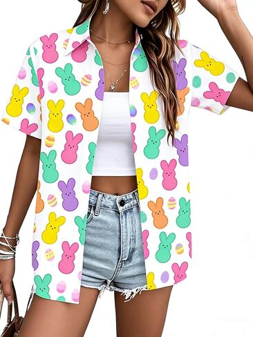 Easter Shirt for Women: Happy Easter Shirts Cute Rabbit Graphic T Shirt Short Sleeve Button Down Tee Tops in Saudi Arabia