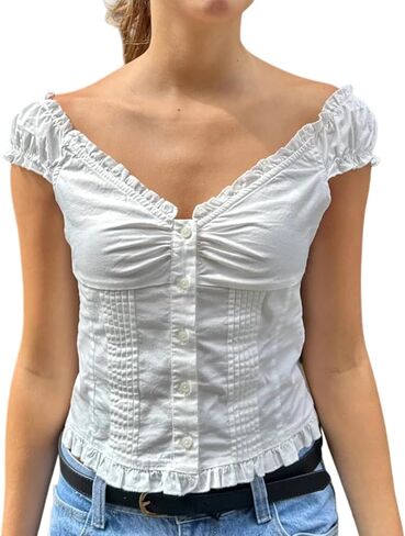 Women Button Down Lace Top V Neck Ruffle Sexy Low Cut Cap Sleeved Babydoll Cute Shirt Slim Fit Coquette Blouse in Kuwait
