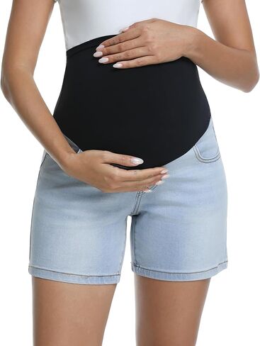 Women's Maternity Jean Shorts Over Belly Stretchy Casual Denim Short Pants Pregnancy Summer Shorts with Pockets in Kuwait