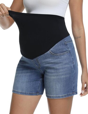 Women's Maternity Jean Shorts Over Belly Stretchy Casual Denim Short Pants Pregnancy Summer Shorts with Pockets in Saudi Arabia