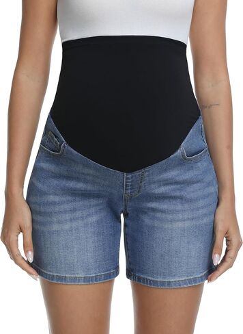 Women's Maternity Jean Shorts Over Belly Stretchy Casual Denim Short Pants Pregnancy Summer Shorts with Pockets in Saudi Arabia