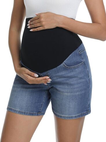 Women's Maternity Jean Shorts Over Belly Stretchy Casual Denim Short Pants Pregnancy Summer Shorts with Pockets in Saudi Arabia