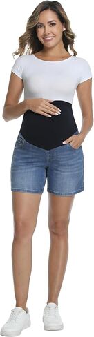 Women's Maternity Jean Shorts Over Belly Stretchy Casual Denim Short Pants Pregnancy Summer Shorts with Pockets in Saudi Arabia