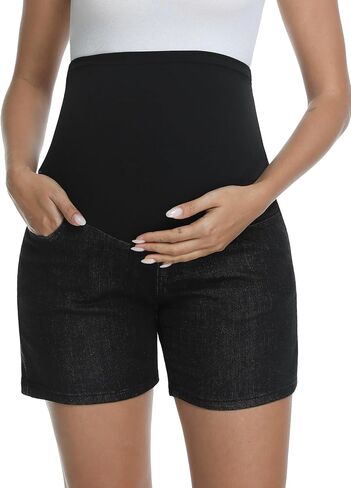 Women's Maternity Jean Shorts Over Belly Stretchy Casual Denim Short Pants Pregnancy Summer Shorts with Pockets in Saudi Arabia