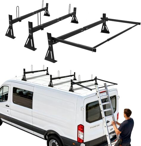 hightall Van Ladder Rack with Roller,Adjustable Length 50-61" Van Roof Rack with Cargo Stoppers,Compatible with Ford Transit150/250/350,Enclosed Trailer,Drilling Required in Kuwait