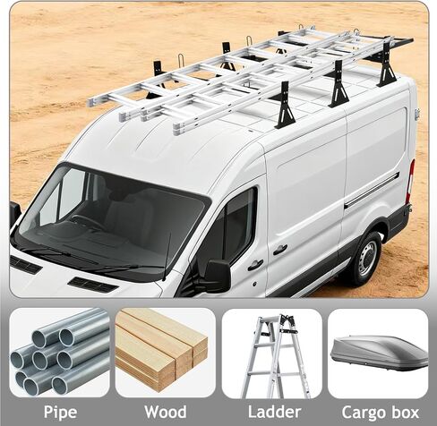 hightall Van Ladder Rack with Roller,Adjustable Length 50-61" Van Roof Rack with Cargo Stoppers,Compatible with Ford Transit150/250/350,Enclosed Trailer,Drilling Required in Kuwait