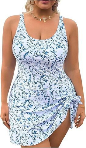 Floerns Women's Plus Size Leaf Print One Piece Swimsuit Ruched Tie Side Vacation Swimdress Skirt in Saudi Arabia