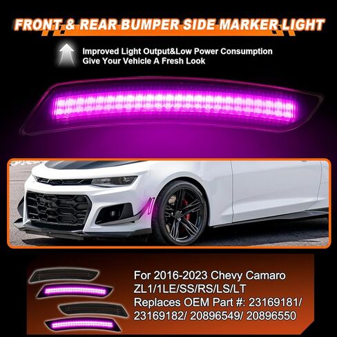 Smoked Lens LED Side Marker Lights 4PCS KIT for Chevy Camaro 2016-2023 6th Gen Camaro-Replace Part # 23169181/23169182,Sequential Front & Rear Bumper Side Marker Lamps Assembly (Pink Light) in Saudi Arabia