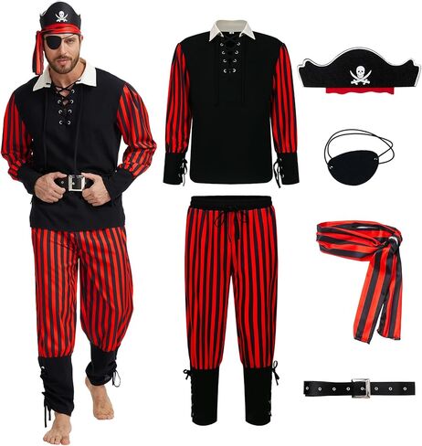 6 قطع من زي القرصان الرجالي البالغين، قميص قرصان عصر النهضة الفايكنج، مجموعة قبعة للهالوين in Kuwait
