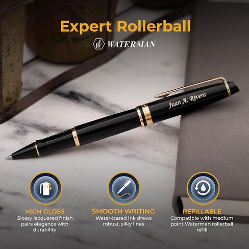 Engraved Waterman Expert Capped Rollerball Pen in Black Lacquer with Gold Trim. Personalized Luxury Gift for Graduation or Professional Milestones. in Kuwait