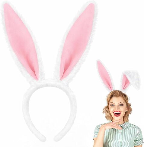 IGMaryBox عصابة رأس أذن أرنب من القطيفة باللون الوردي والأبيض للنساء، عصابة رأس أذن أرنب ناعمة منفوشة لحفلات عيد الفصح، إكسسوارات زي الأرنب، دعائم صور تنكرية للهالوين in Kuwait
