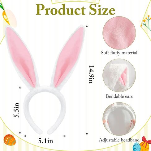 IGMaryBox عصابة رأس أذن أرنب من القطيفة باللون الوردي والأبيض للنساء، عصابة رأس أذن أرنب ناعمة منفوشة لحفلات عيد الفصح، إكسسوارات زي الأرنب، دعائم صور تنكرية للهالوين in Kuwait
