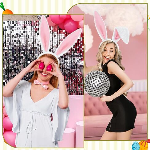 IGMaryBox عصابة رأس أذن أرنب من القطيفة باللون الوردي والأبيض للنساء، عصابة رأس أذن أرنب ناعمة منفوشة لحفلات عيد الفصح، إكسسوارات زي الأرنب، دعائم صور تنكرية للهالوين in Kuwait