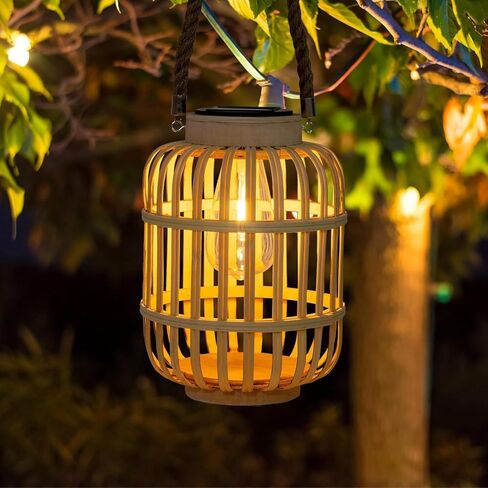 Pearlstar في الهواء الطلق الفوانيس الشمسية ضوء الروطان الخيزران مصباح مع مقبض للتعليق أو مصباح الطاولة للفناء ساحة حديقة الزفاف ديكور المنزل، لمبة اديسون، تشغيل / إيقاف تلقائي (Style2) in Kuwait
