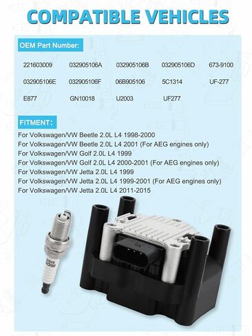 1PC UF277 Ignition Coil Pack & 4PCS Iridium Spark Plugs (2.0L Only) For Volkswagen/VW Beetle 1998-2001 Golf 1999-2001 Jetta 1999-2001 2011-2015, Replace # GN10018 032905106A 032905106E 5C1314 in Saudi Arabia