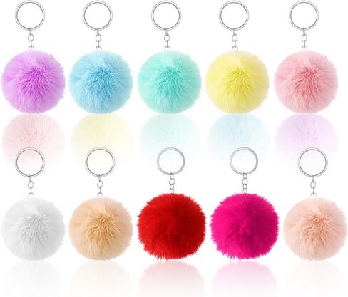 10Pcs Pom Pom Keychain Rabbit Faux Fur Ball Keychain Synthetic Artificial Fluffy Colorful Soft Plush Pompoms Car Key Ring Puff Ball with Keychains Hooks in Kuwait