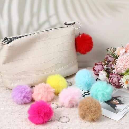 10Pcs Pom Pom Keychain Rabbit Faux Fur Ball Keychain Synthetic Artificial Fluffy Colorful Soft Plush Pompoms Car Key Ring Puff Ball with Keychains Hooks in Kuwait